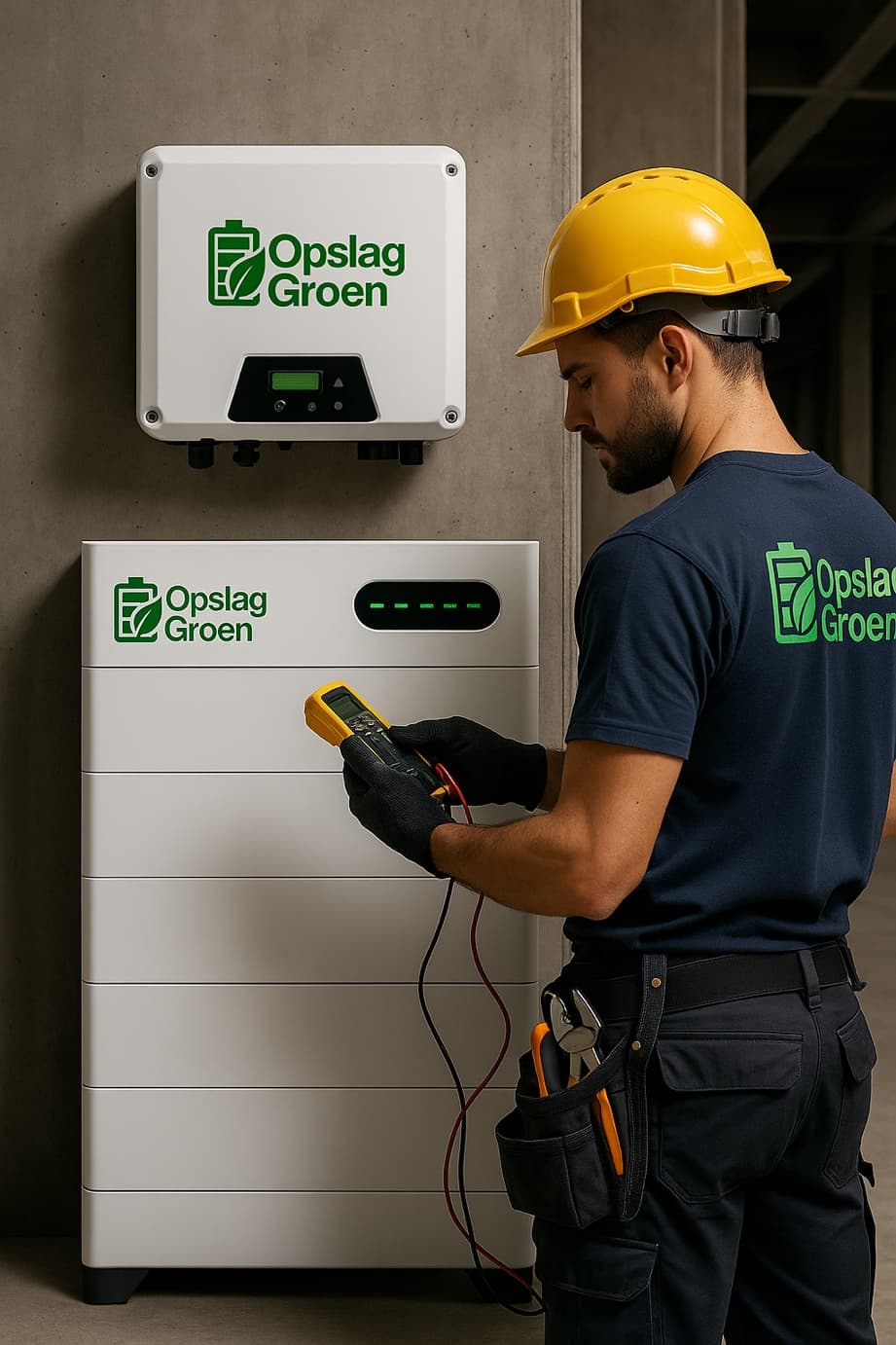 Opslag Groen monteur test batterij systeem met multimeter en professioneel gereedschap